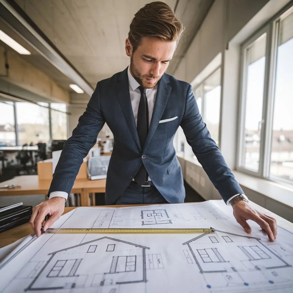 Architekt vergleicht Baupläne für Dachgeschoss am Zeichentisch mit Messwerkzeug