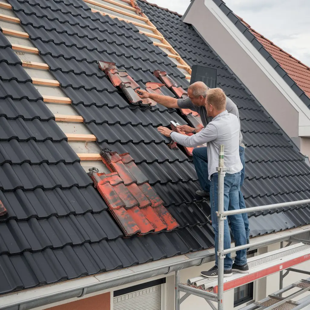 Hausbesitzer und Gutachter untersuchen verfärbte Dachziegel auf Gerüst