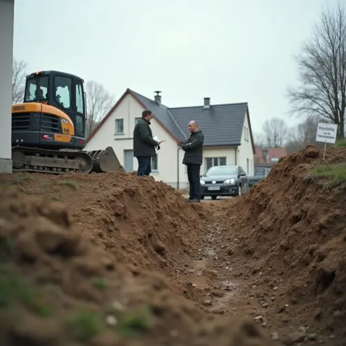 Bauarbeiter und Bauherr an Baustelle mit Bagger und Hinweis "Betreten verboten".