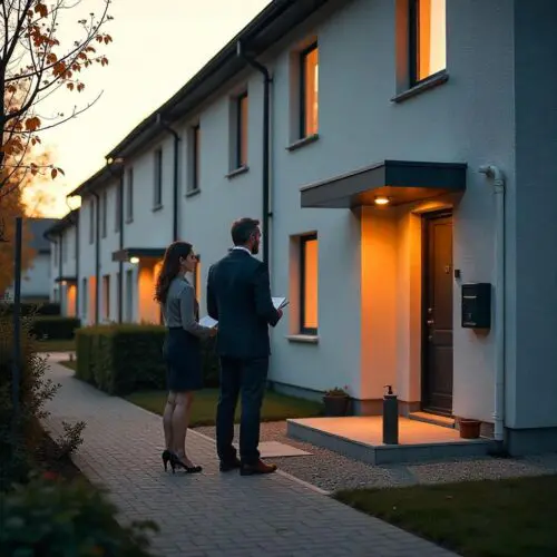 Moderne Doppelhaushälfte in Bau, zwei formell gekleidete Personen halten Dokumente, nahe Heizungsversorgung und Baustellenmaterial.