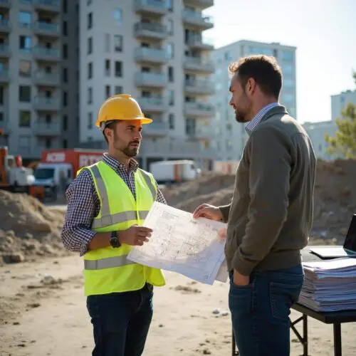 Bauleiter und Architekt diskutieren auf Baustelle in Hamburg, umgeben von Baufahrzeugen und rechtlichen Dokumenten.