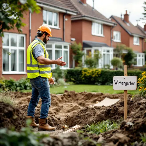 Hausbesitzer weist Bauarbeiter an, Wintergarten ohne Genehmigung zu bauen; Spannungen sind spürbar.