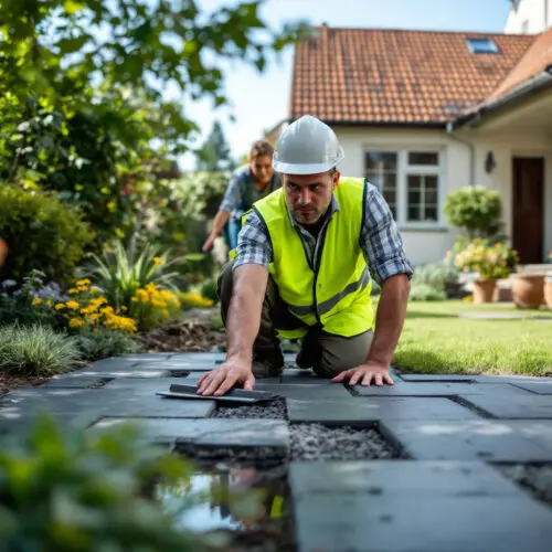 Hausbesitzer bemerkt Mängel bei der Pflasterarbeiten, während ein Arbeiter mit Grausteinen beschäftigt ist.
