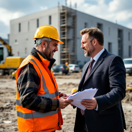 Baukonflikt zwischen einem Bauunternehmer in Warnweste und einem Vertreter im Anzug auf einer Baustelle.Baukonflikt zwischen einem Bauunternehmer in Warnweste und einem Vertreter im Anzug auf einer Baustelle.