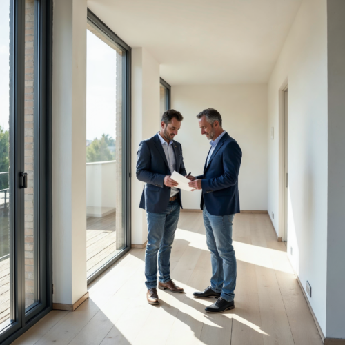 Immobilienkauf: Übergabeprotokoll-Unterzeichnung im Neubau. Bauträger übergibt Protokoll an Käufer. Fokus: Abnahme, Bauvertrag, Käuferrechte.