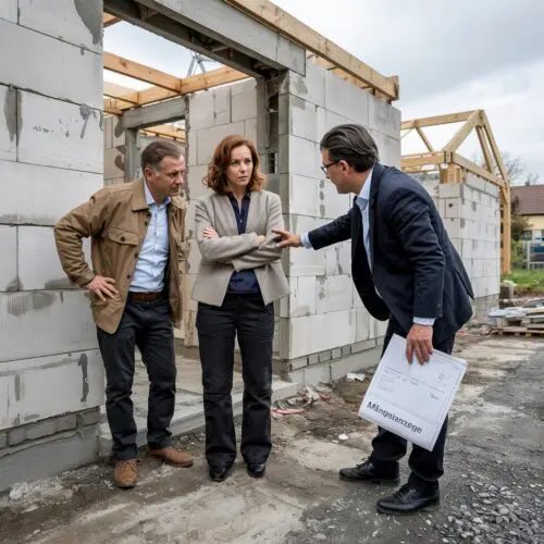 Bauherrin und Bauherr prüfen Mängel an Hausfassade und Fliesen, Diskussion mit Generalunternehmer während Rohbauarbeiten.