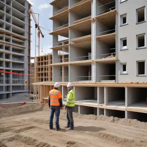 Bauherrin und Baubehördenmitarbeiter mit Baustellen, Grenzmarkierungen und Stoppschild