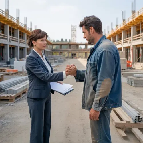 Frau übergibt Bauunternehmer auf Baustelle einen Umschlag während Baustellenumfeld