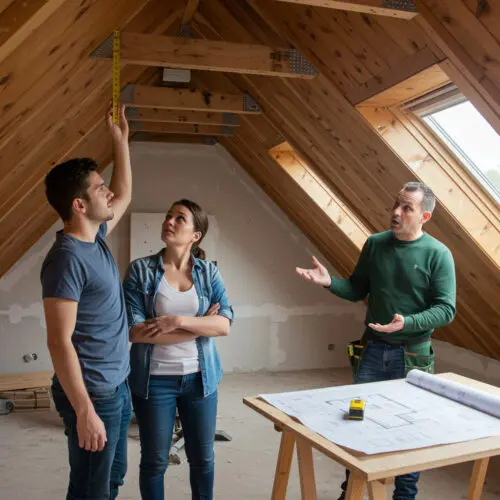 Junges Ehepaar bei Bauabnahme im neuen Haus, Bauunternehmer erklärt, Deckenhöhe messen