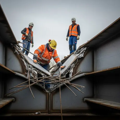 Bauarbeiter begutachten beschädigte Stahlträger als unvorhersehbare Mehrleistung im Brückenbau für Bauzeitverlängerung Ingenieurbüro.
