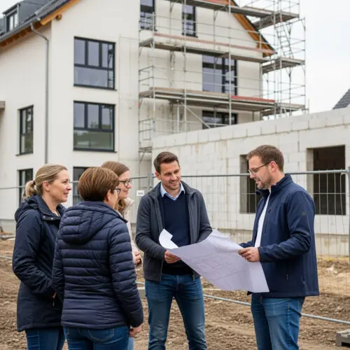 Verfahrensmangel Berufungsurteil: Personen diskutieren Baupläne, statisches Gutachten verweigert.