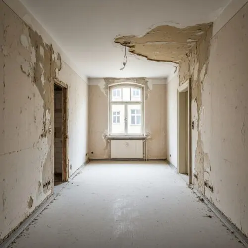 Ein renovierungsbedürftiger Raum mit sichtbaren Putz- und Dämmschäden symbolisiert das mangelhafte Werk, wegen dem ein Immobilienbesitzer erfolglos Schadensersatz für entgangene Mieteinnahmen forderte, während er den Werklohnanspruch trotz Mängelbeseitigung zahlen muss.