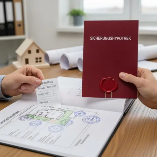 Ein Bauunternehmer fordert Sicherheit. Er präsentiert die Sicherungshypothek und prüft Belege am Bauplan des Bestellers.