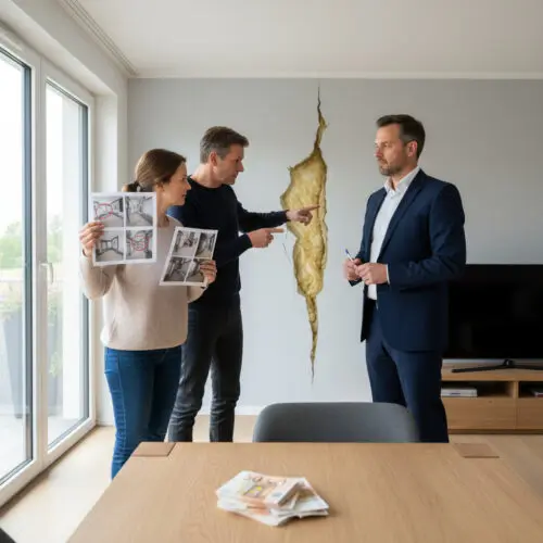 Eine Immobilienkäuferin und ihr Anwalt dokumentieren mit einem Gutachter gravierende Baumängel, um ihr Kaufpreis-Zurückbehaltungsrecht geltend zu machen.