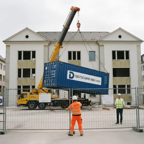 Ein LKW-Kran transportiert einen Baucontainer ab, während ein Arbeiter das Tor zur endgültig geräumten Baustelle am unfertigen Gebäude verriegelt.