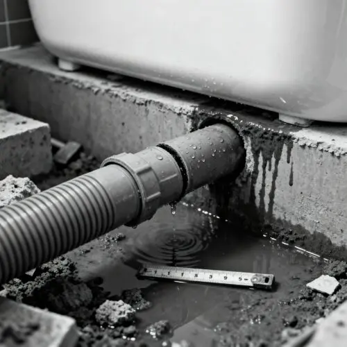 Ein deutlicher Spalt in der Steckverbindung grauer Abwasserrohre lässt Schmutzwasser austreten.