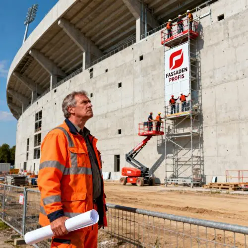 Ein untätiger Bauleiter beobachtet, wie ein konkurrierendes Team die Fassadenarbeiten an der riesigen Stadionfassade beginnt.