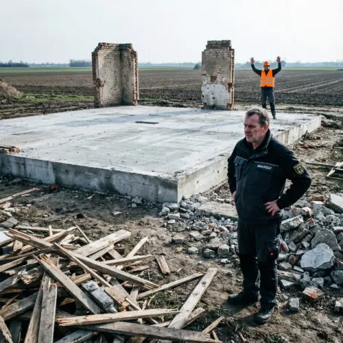 Ein konsternierter Beamter der Bauaufsicht steht inmitten der Baustelle vor einer Betonbodenplatte, von der nur noch zwei Mauertorsos des Hauses übrig sind.