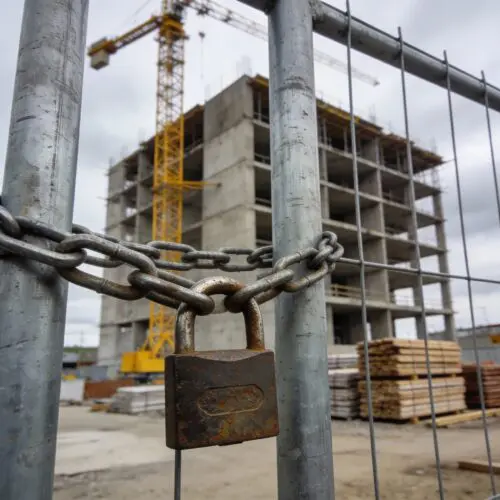 Ein massives Vorhängeschloss an einem Bauzaun vor einem unfertigen Rohbau aus Beton.