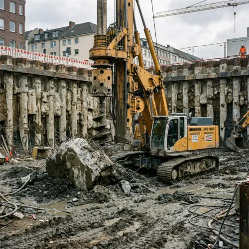 Ein massiver Betonblock im schlammigen Boden einer Baugrube blockiert den Bohrer eines stillstehenden gelben Baugeräts.