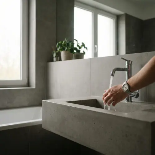 Hand prüft wartend den kalten Wasserstrahl einer modernen Armatur, während eine Armbanduhr die Zeit stoppt.