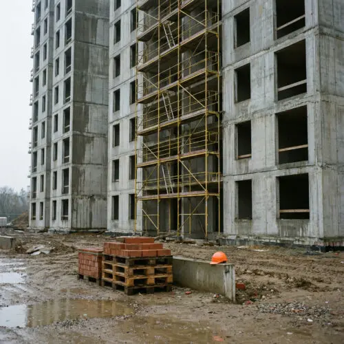 Stillstehender, massiver Beton-Rohbau mit verwaistem Baugerüst und einem einsamen Schutzhelm auf der nackten Mauer.