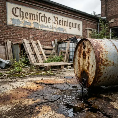 Dunkle Flüssigkeit tritt aus einem rostigen Fass aus und sickert sichtbar in den unversiegelten Erdboden.