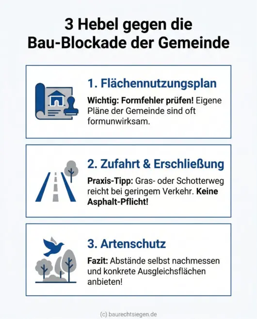 Infografik: 3 Hebel gegen die Bau-Blockade der Gemeinde bei Außenbereichsvorhaben. Gegliedert in die Bereiche Flächennutzungsplan (Formfehler prüfen), Zufahrt (Grasweg reicht, keine Asphalt-Pflicht) und Artenschutz (Abstände messen und Ausgleichsflächen anbieten).