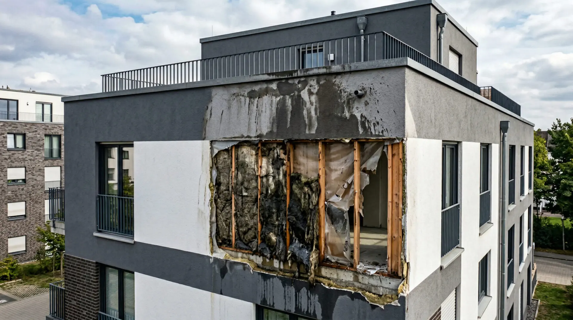 Geöffneter Fassadenquerschnitt mit fehlenden Brandriegeln, lückenhafter Dämmung und feuchten Stellen am Wandübergang.