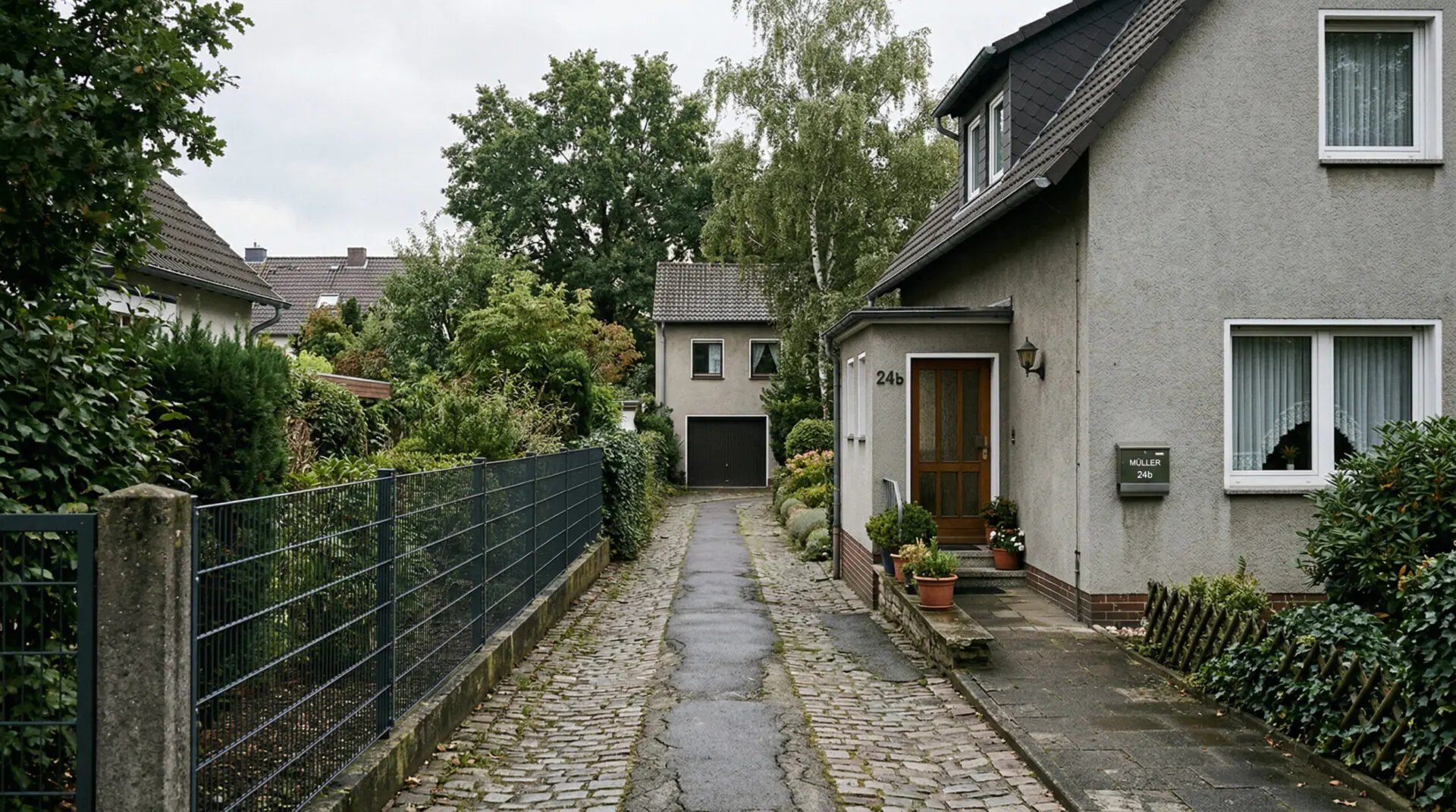 Ein schmaler, drei Meter breiter Zufahrtsweg führt funktional an einem Haus vorbei zu einem Gebäude im Hintergrund.