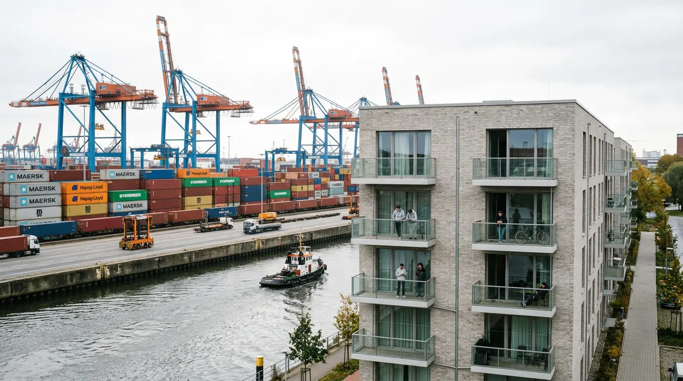 Modernes Studierendenwohnheim mit Balkonen direkt neben einem Hafen-Containerterminal mit hohen Kränen und Frachtcontainern.