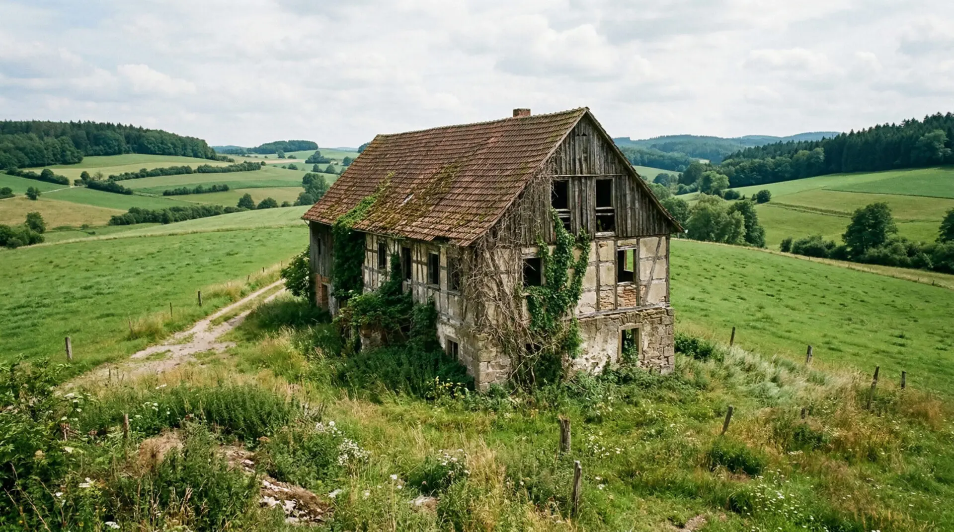 Verfallenes Gebäude mit Kellerfundament in einsamer, grüner Hügellandschaft ohne Nachbarbebauung im Außenbereich.