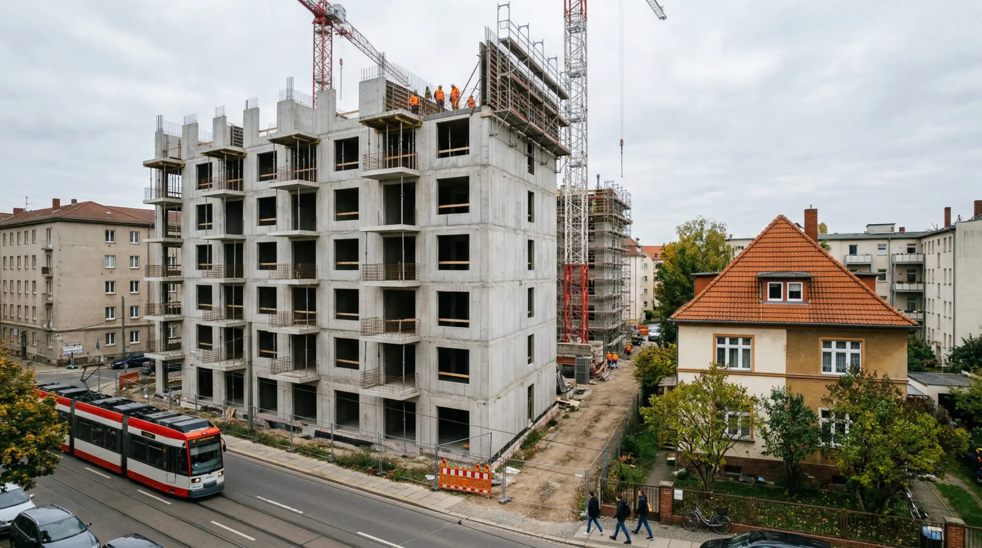 Massiver Rohbau eines Wohnblocks neben einem kleinen Wohnhaus, getrennt durch einen schmalen unbebauten Bodenstreifen.