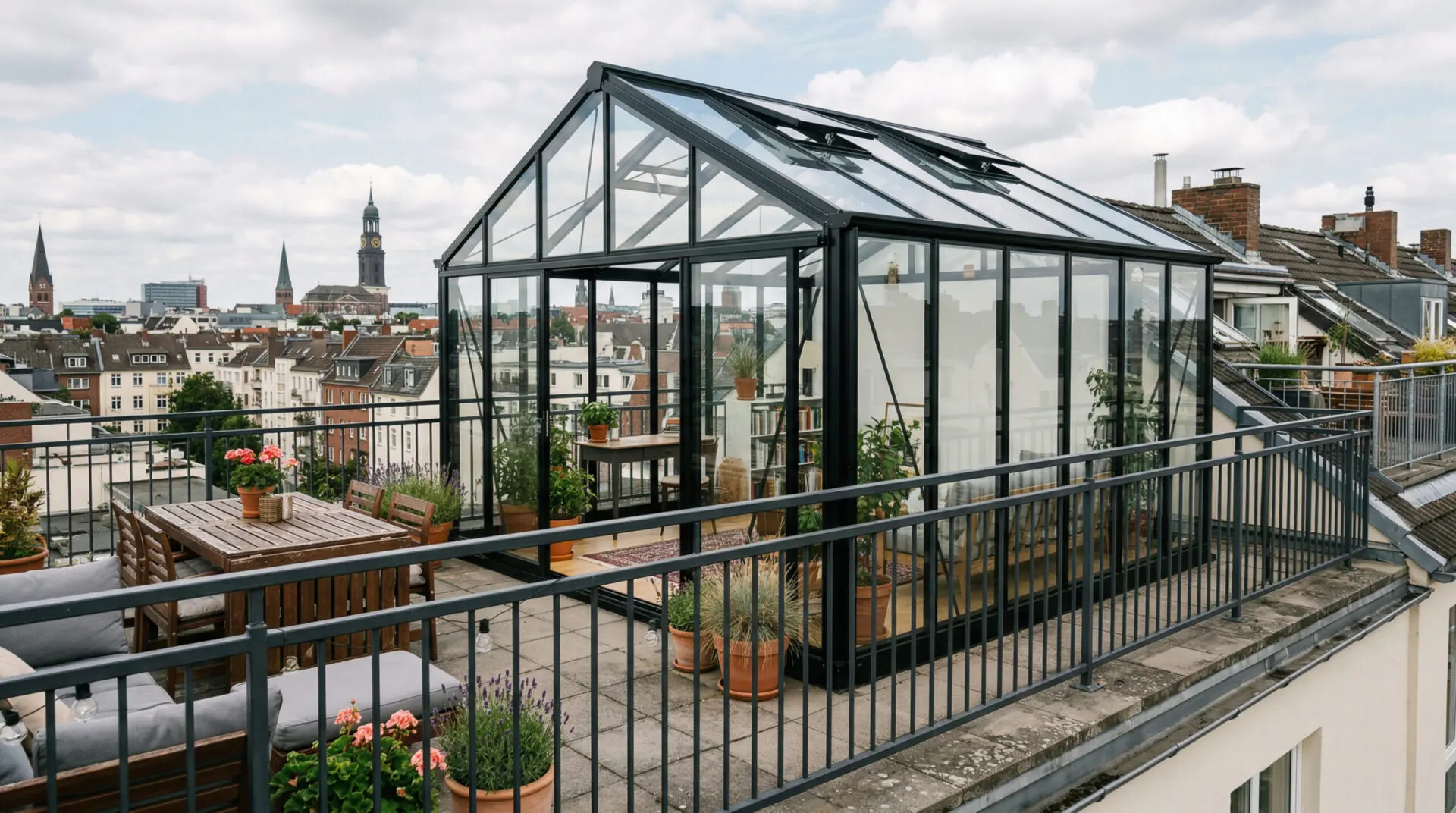 Fertiggestellter gläserner Wintergarten auf einer Dachterrasse mit Metallgeländer und Möbeln hinter Scheiben.