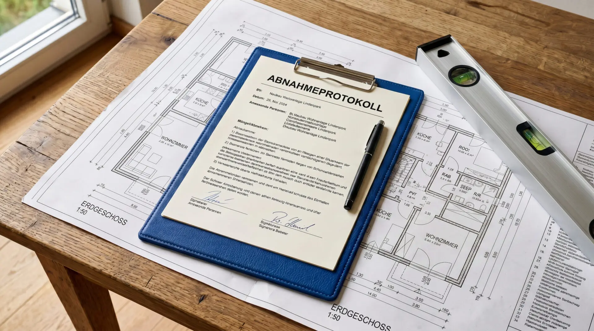 Auf einem ausgebreiteten Bauplan liegt ein Klemmbrett mit einem Übernahmeprotokoll