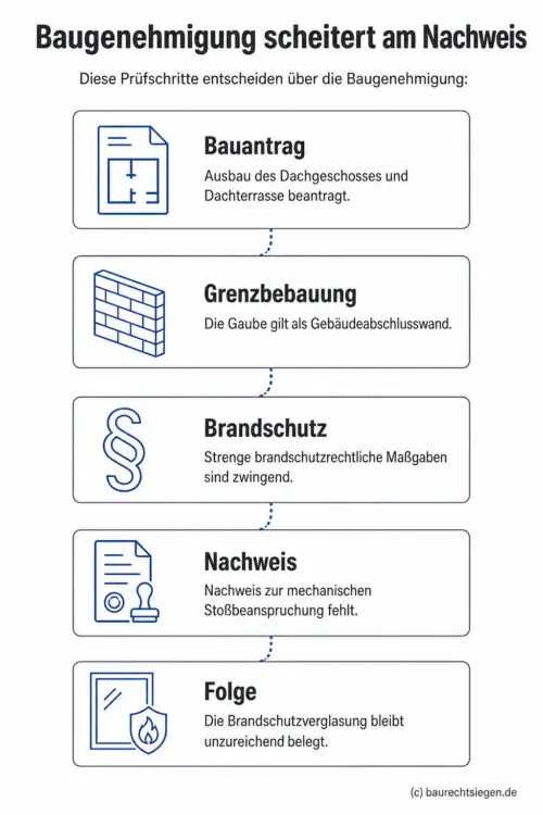 Infografik: Prozess zur Baugenehmigung für eine Dachgaube – fünf Schritte von Bauantrag, Grenzbebauung, Brandschutz, fehlendem Nachweis bis zur Folge, dass die Genehmigung an der unzureichend belegten Brandschutzverglasung scheitert.