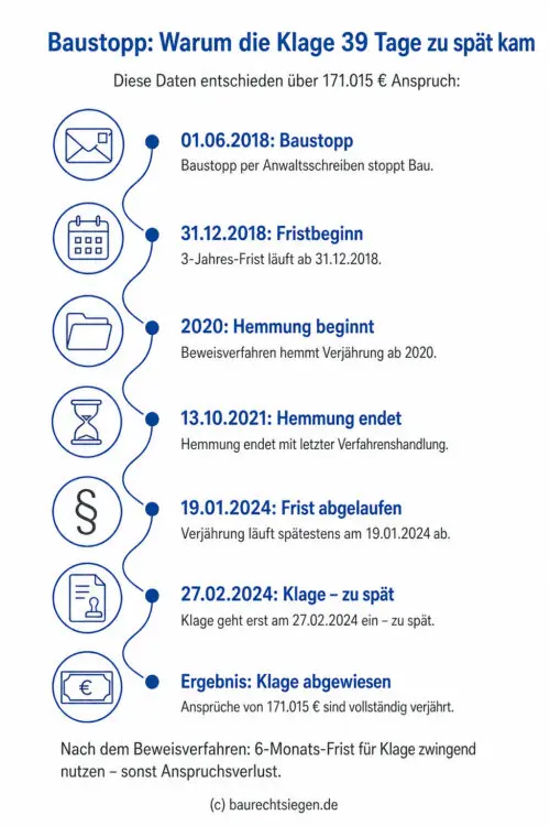 Infografik: Ein Zeitstrahl verdeutlicht die Verjährung von Architektenhonoraren nach einem Baustopp. Die dreijährige Frist begann am 31.12.2018 und endete trotz Hemmung durch ein Beweisverfahren am 19.01.2024, wodurch die am 27.02.2024 eingereichte Klage zu spät kam.