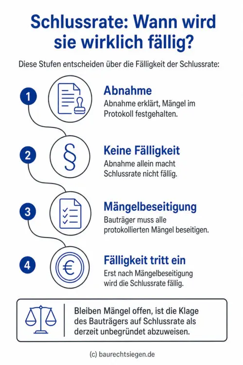 Infografik: Der Prozess zur Fälligkeit der Schlussrate im Bauträgervertrag zeigt, dass die Abnahme allein nicht ausreicht, sondern erst die vollständige Beseitigung aller im Protokoll vermerkten Mängel den Zahlungsanspruch auslöst.