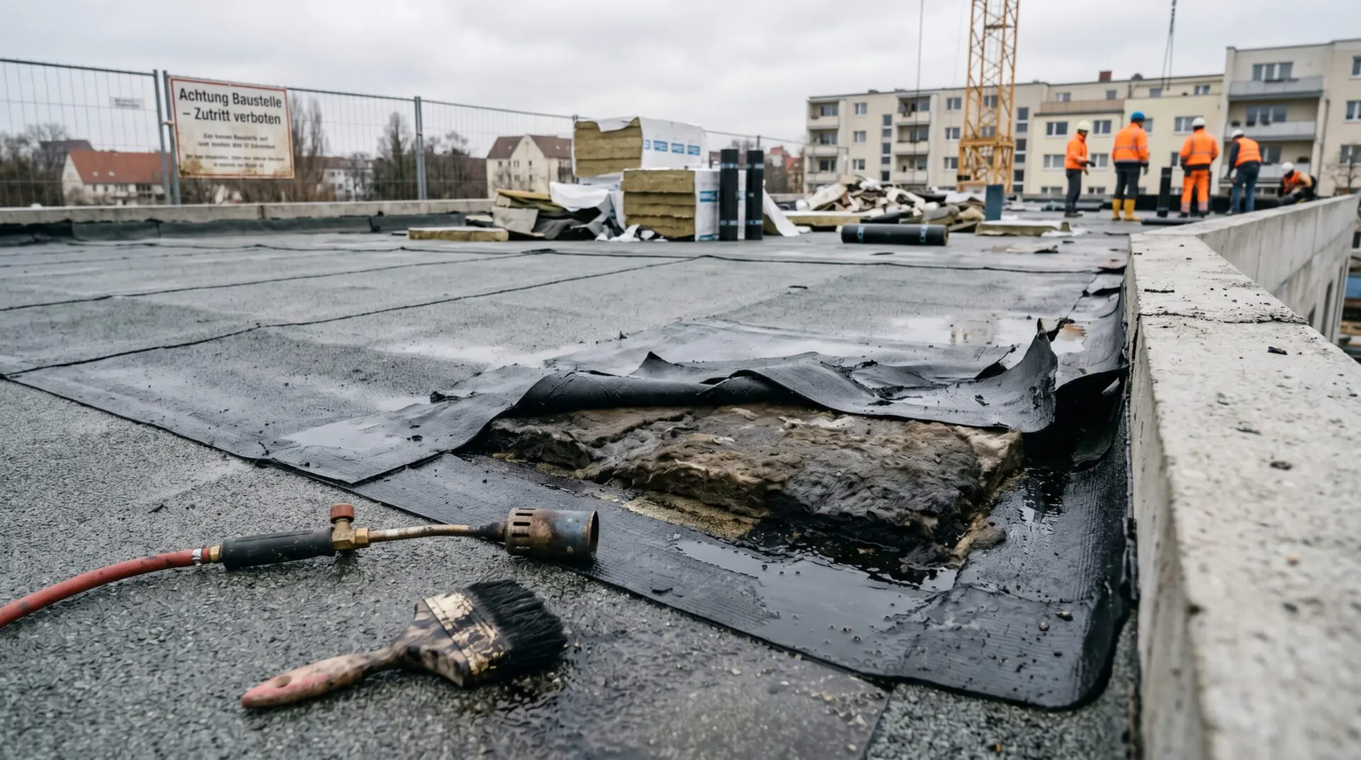 Defekte Abdichtung an einer Dachkante mit loser Bitumenbahn und feuchter Dämmung auf einer Baustelle bei Regen.