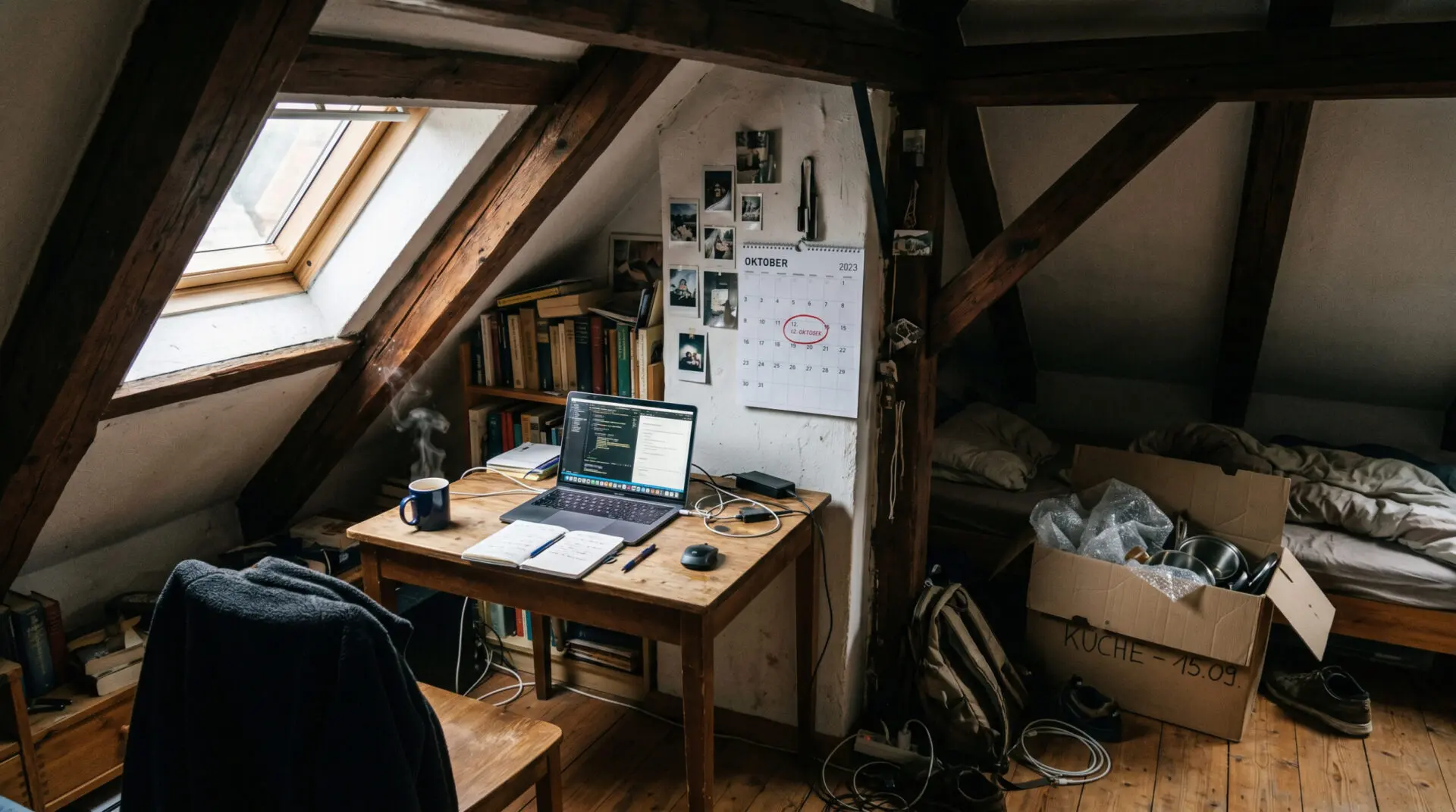 Bewohnte Dachschräge mit Schreibtisch, Laptop, Kaffeetasse, Wandkalender und einem Umzugskarton in einer engen Zimmerecke.