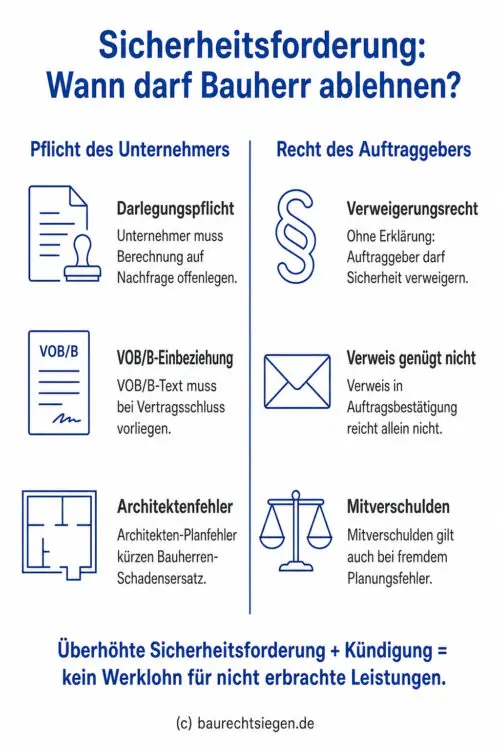 Infografik: Gegenüberstellung der Rechte und Pflichten bei einer Sicherheitsforderung nach § 650f BGB, inklusive Hinweisen zur VOB/B-Einbeziehung und Architektenfehlern.