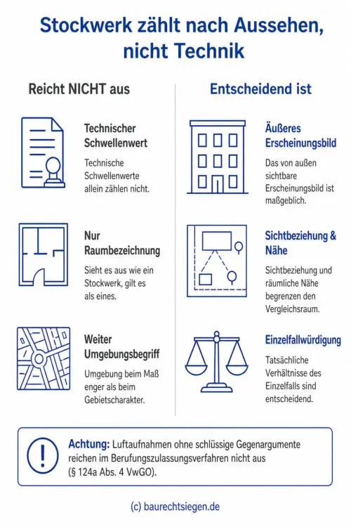 Infografik: Gegenüberstellung der Kriterien für die Einordnung von Stockwerken im Baurecht – technischer Schwellenwert vs. tatsächliches äußeres Erscheinungsbild gemäß § 34 BauGB.