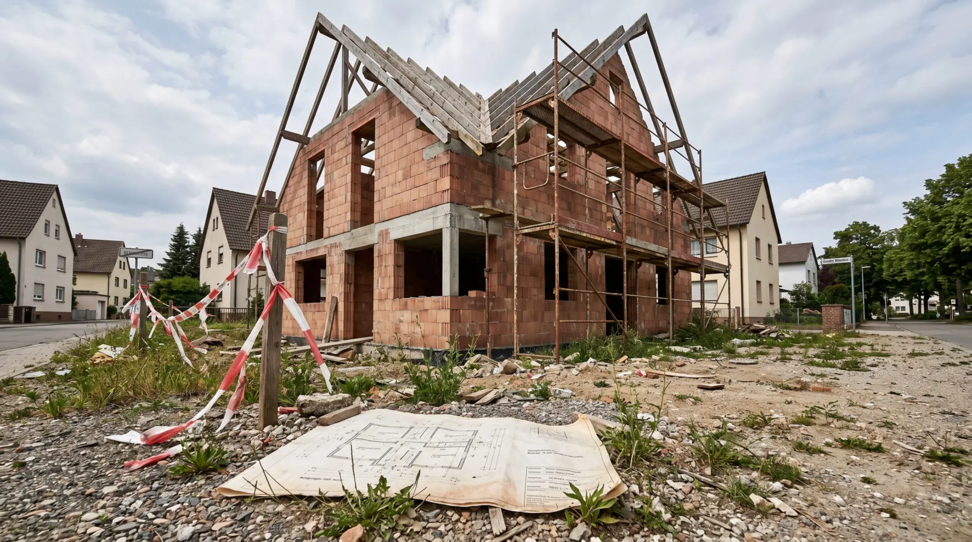 Unfertiges Wohnhaus mit freiliegendem Dachstuhl, rostigem Gerüst und verblasstem Bauplan auf einer verlassenen Baustelle.