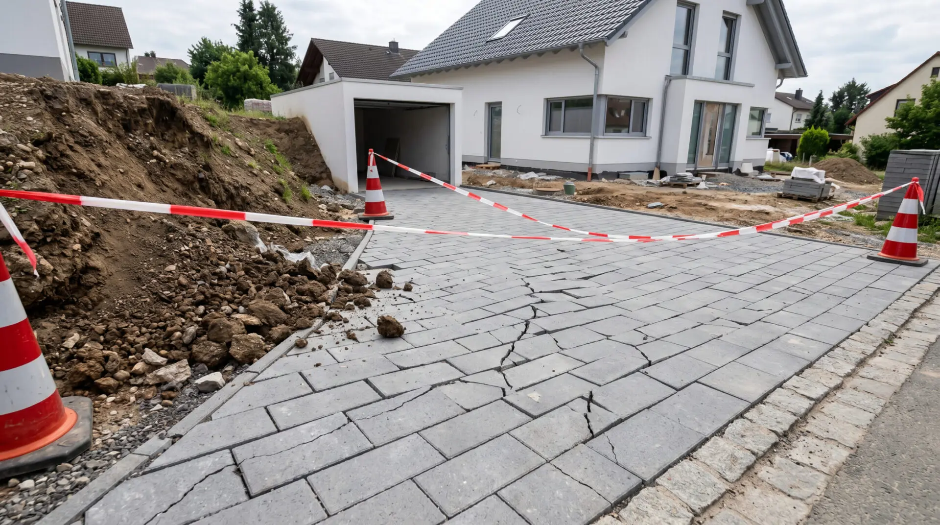 Rissige, unebene Garageneinfahrt mit rot-weißem Absperrband und einer abrutschenden Erdböschung an einem Wohnhaus.