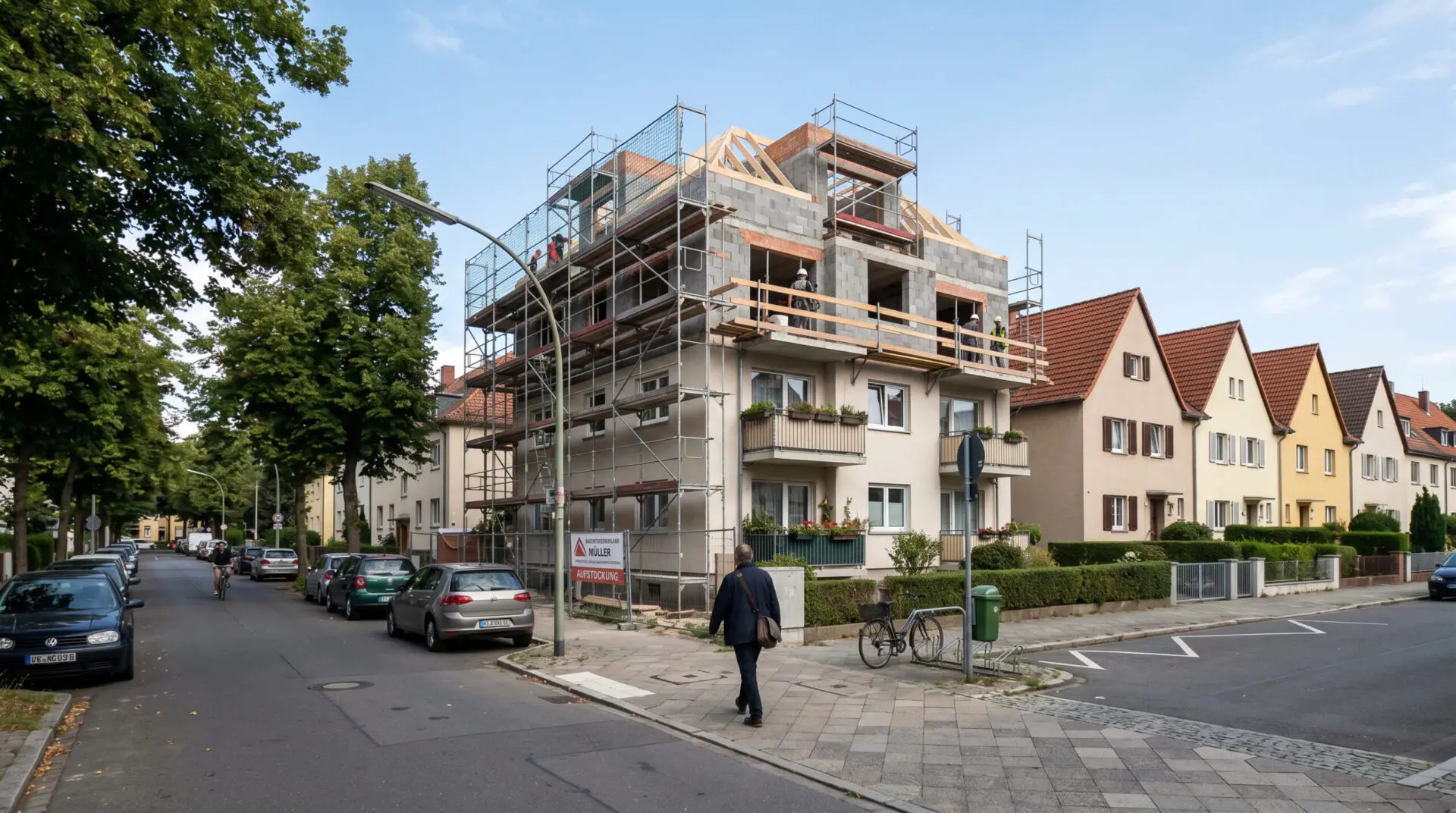 Dreistöckiges Haus mit Baugerüst überragt deutlich eine Reihe einheitlicher zweistöckiger Wohnhäuser in einer Wohnstraße.