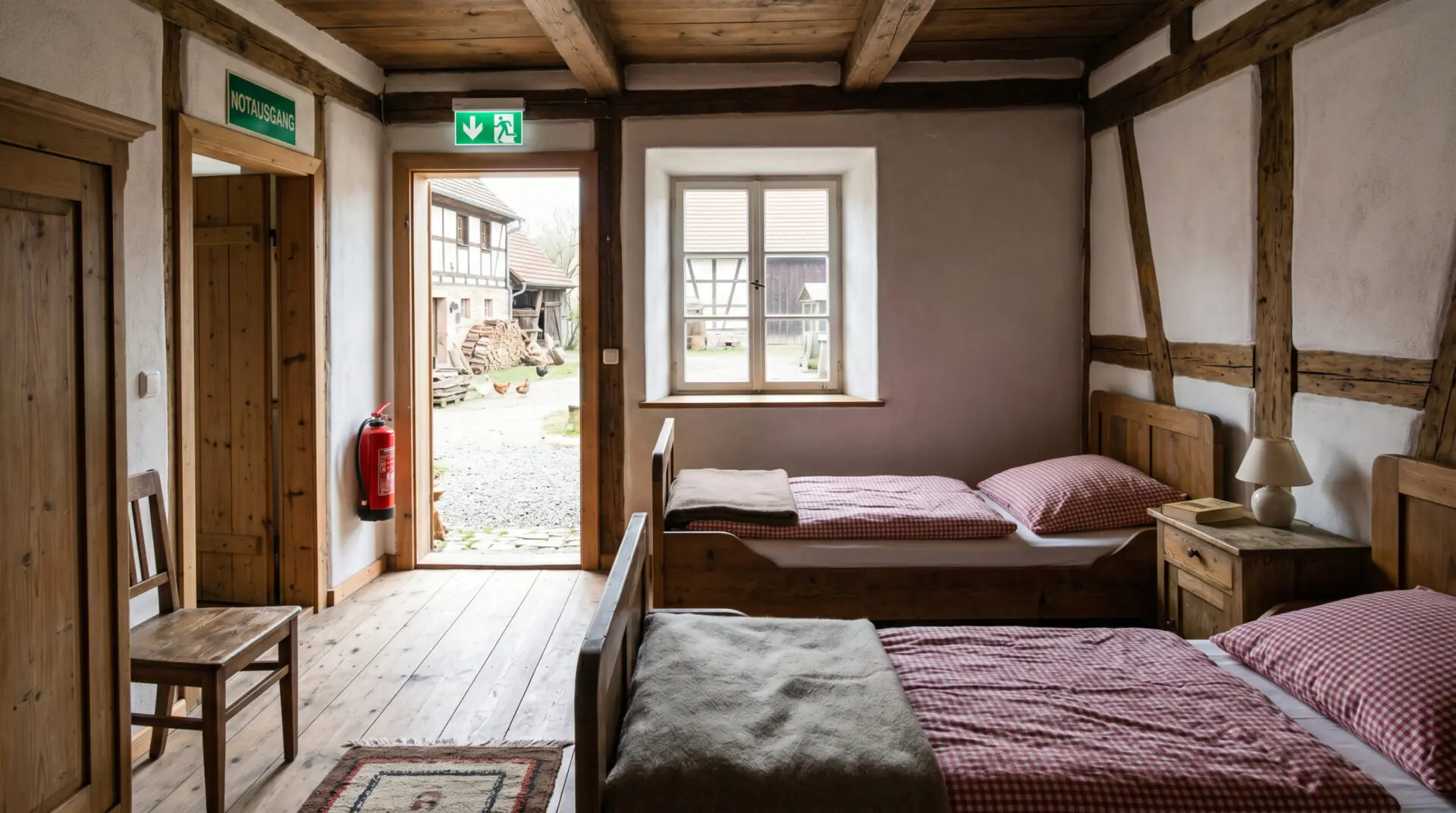 Rustikaler Schlafraum im Ferienhof mit eng stehenden Holzbetten, Feuerlöscher an der Wand und Fluchtwegschild an der Tür.
