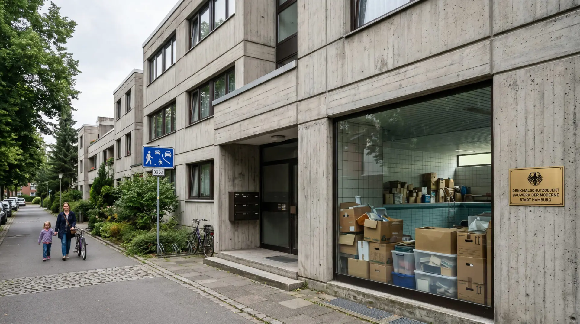Modernes Wohnhaus mit Sichtbeton-Elementen, Denkmalschutz-Plakette an der Wand und umgenutztem Schwimmbad im Hintergrund.