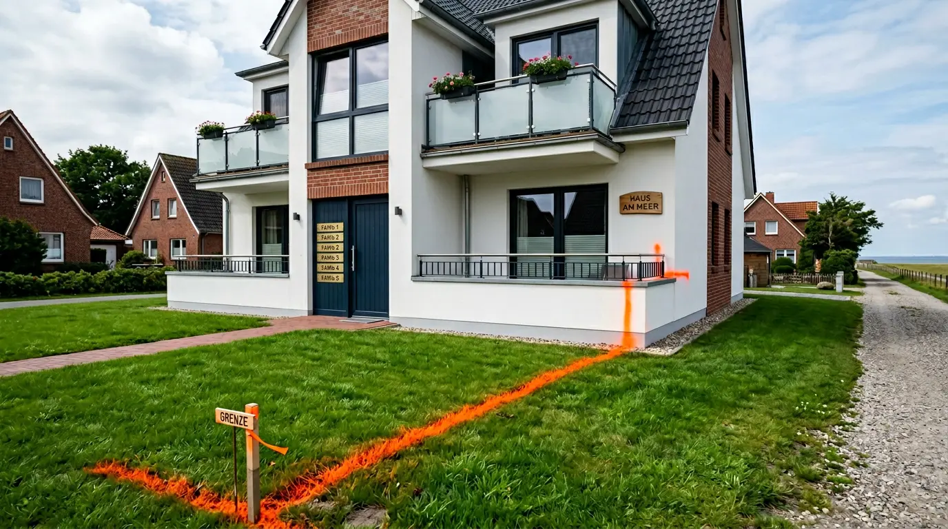 Ein Ferienhaus mit mehreren Eingängen überschreitet eine signalfarbene Grenzmarkierung auf einer Rasenfläche.