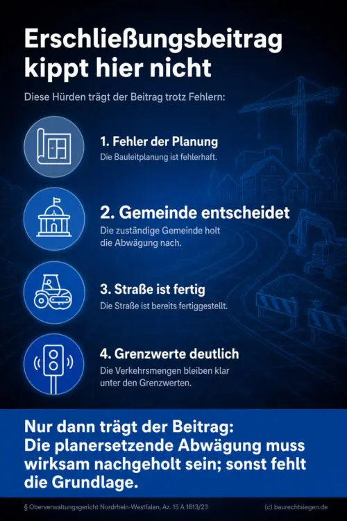 Infografik (Checkliste): Zeigt Voraussetzungen für Erschließungsbeiträge bei fehlerhafter Planung nach § 125 BauGB.