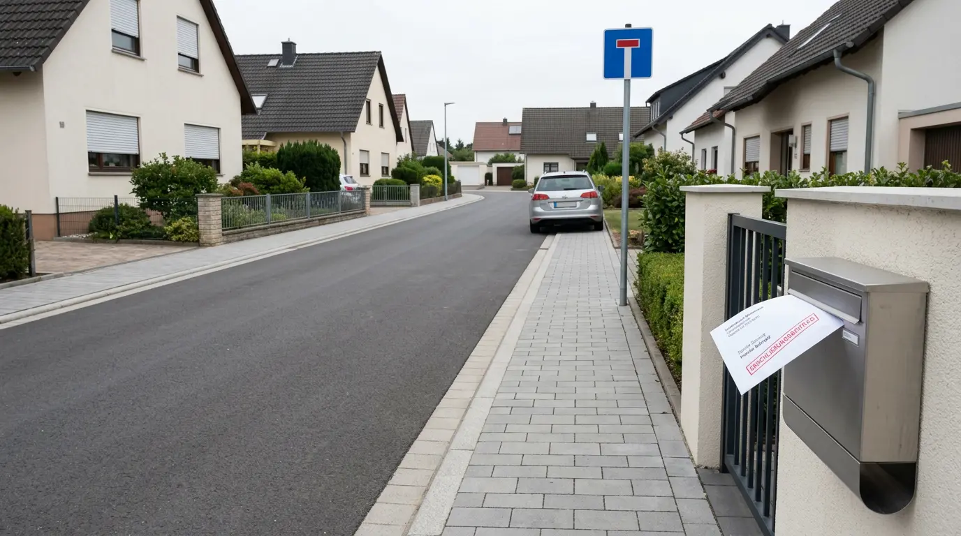 Neu asphaltierte Sackgasse in einem Wohngebiet mit Bordsteinen und einem offiziellen Brief im Briefkasten.